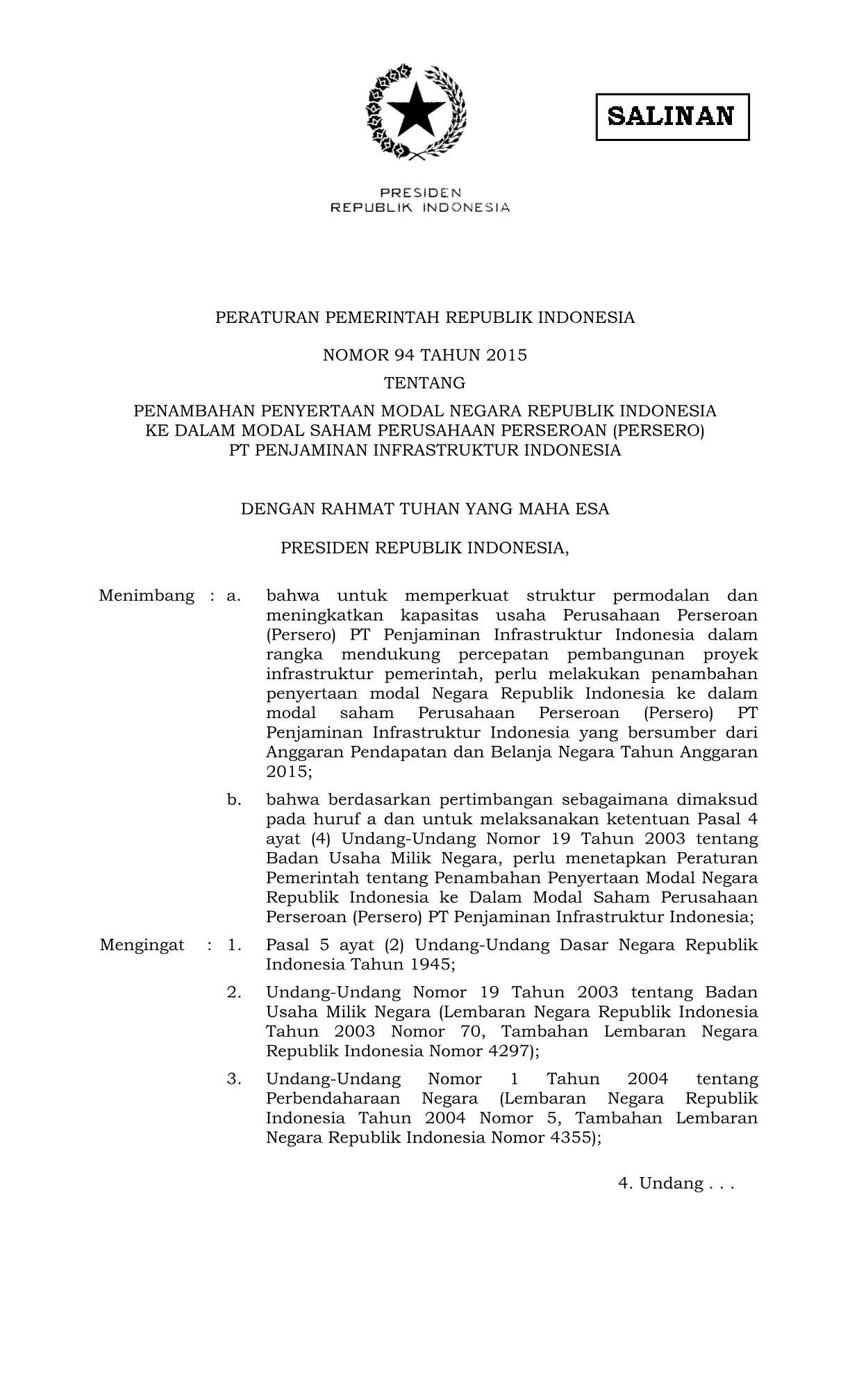 Peraturan Pemerintah Nomor 94 Tahun 2015