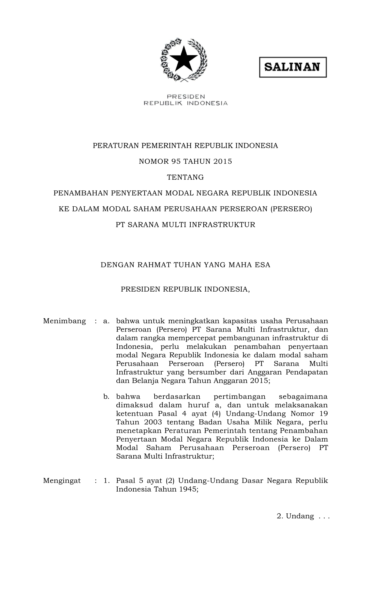 Peraturan Pemerintah Nomor 95 Tahun 2015