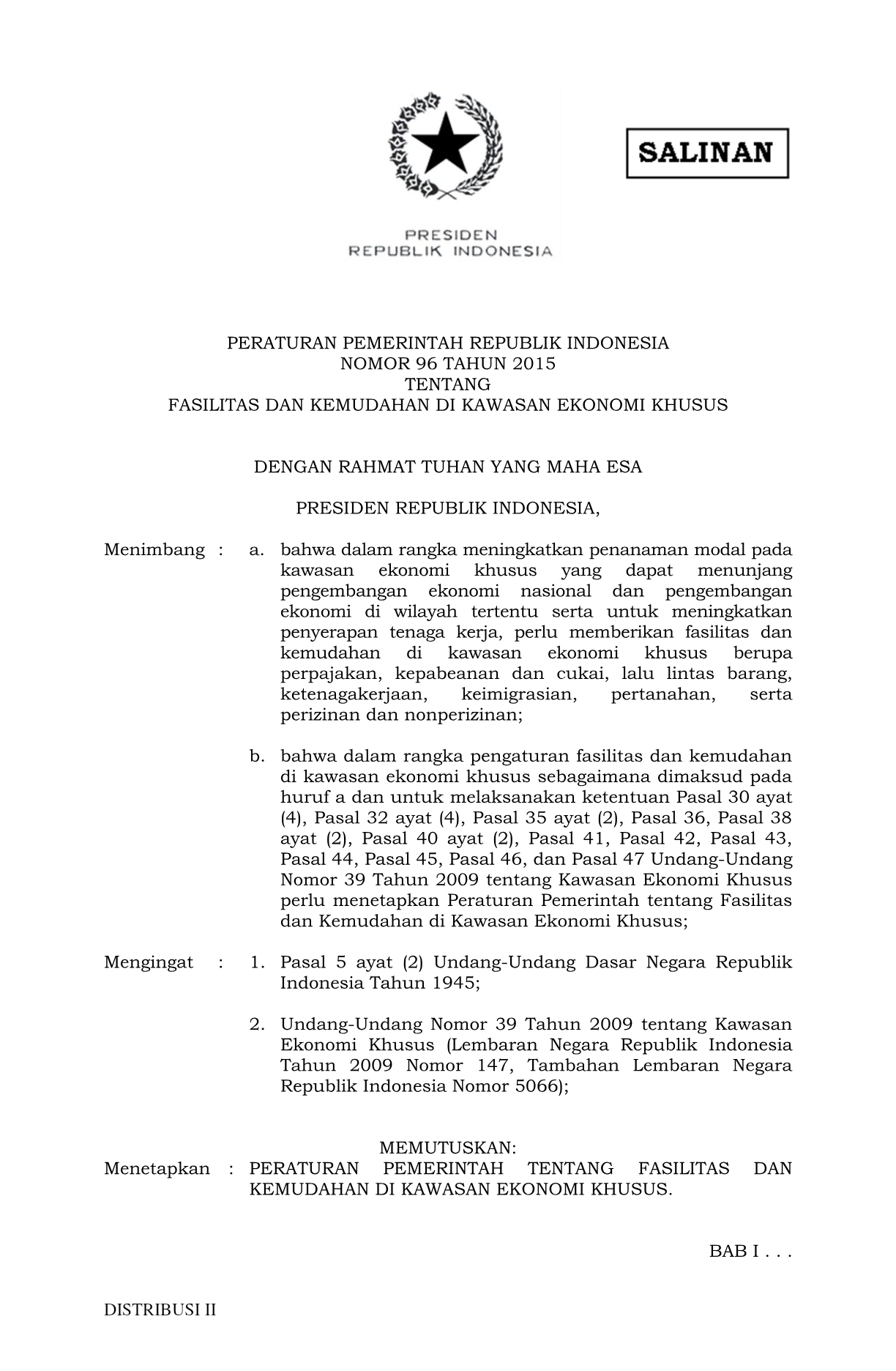 Peraturan Pemerintah Nomor 96 Tahun 2015