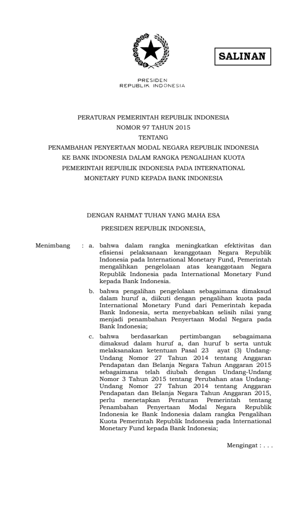 Peraturan Pemerintah Nomor 97 Tahun 2015