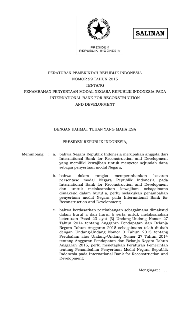 Peraturan Pemerintah Nomor 99 Tahun 2015