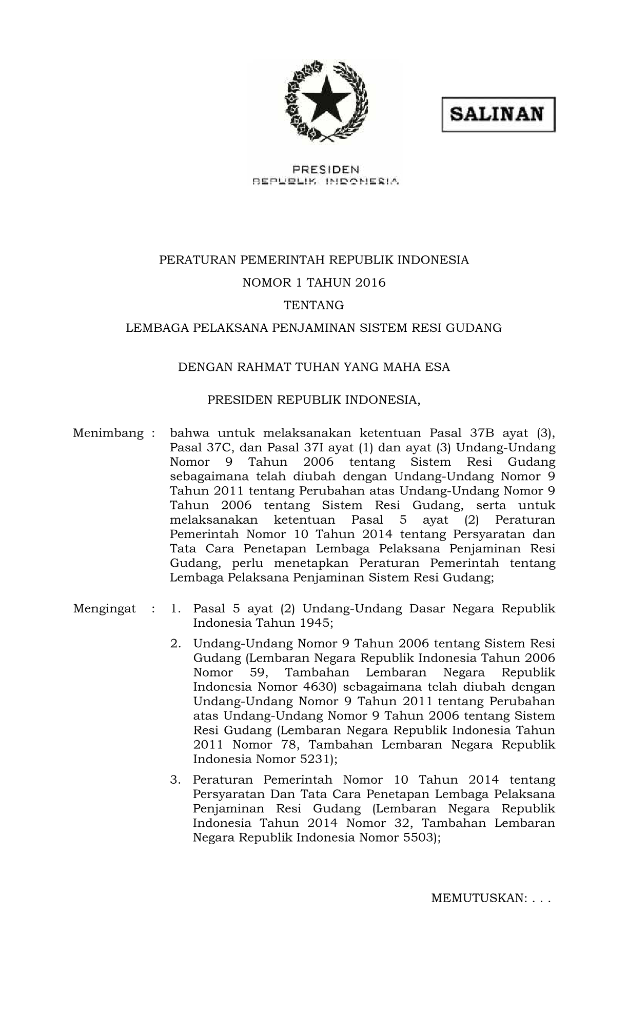 Peraturan Pemerintah Nomor 1 Tahun 2016