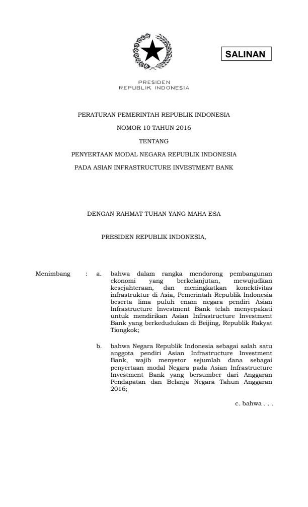 Peraturan Pemerintah Nomor 10 Tahun 2016