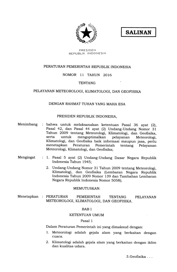 Peraturan Pemerintah Nomor 11 Tahun 2016