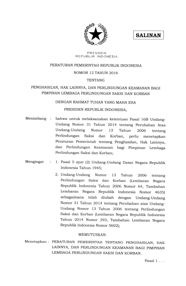 Peraturan Pemerintah Nomor 12 Tahun 2016