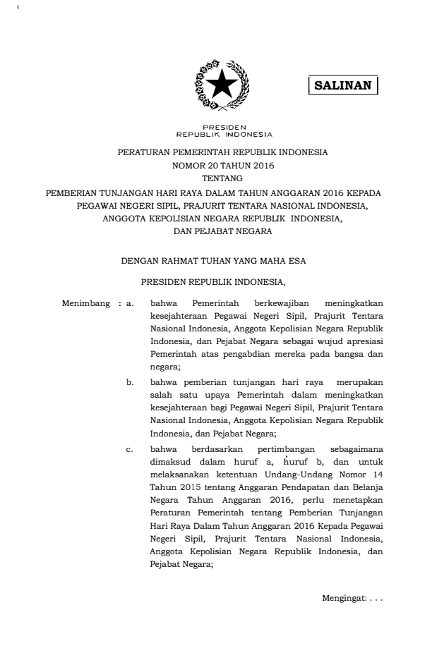 Peraturan Pemerintah Nomor 20 Tahun 2016