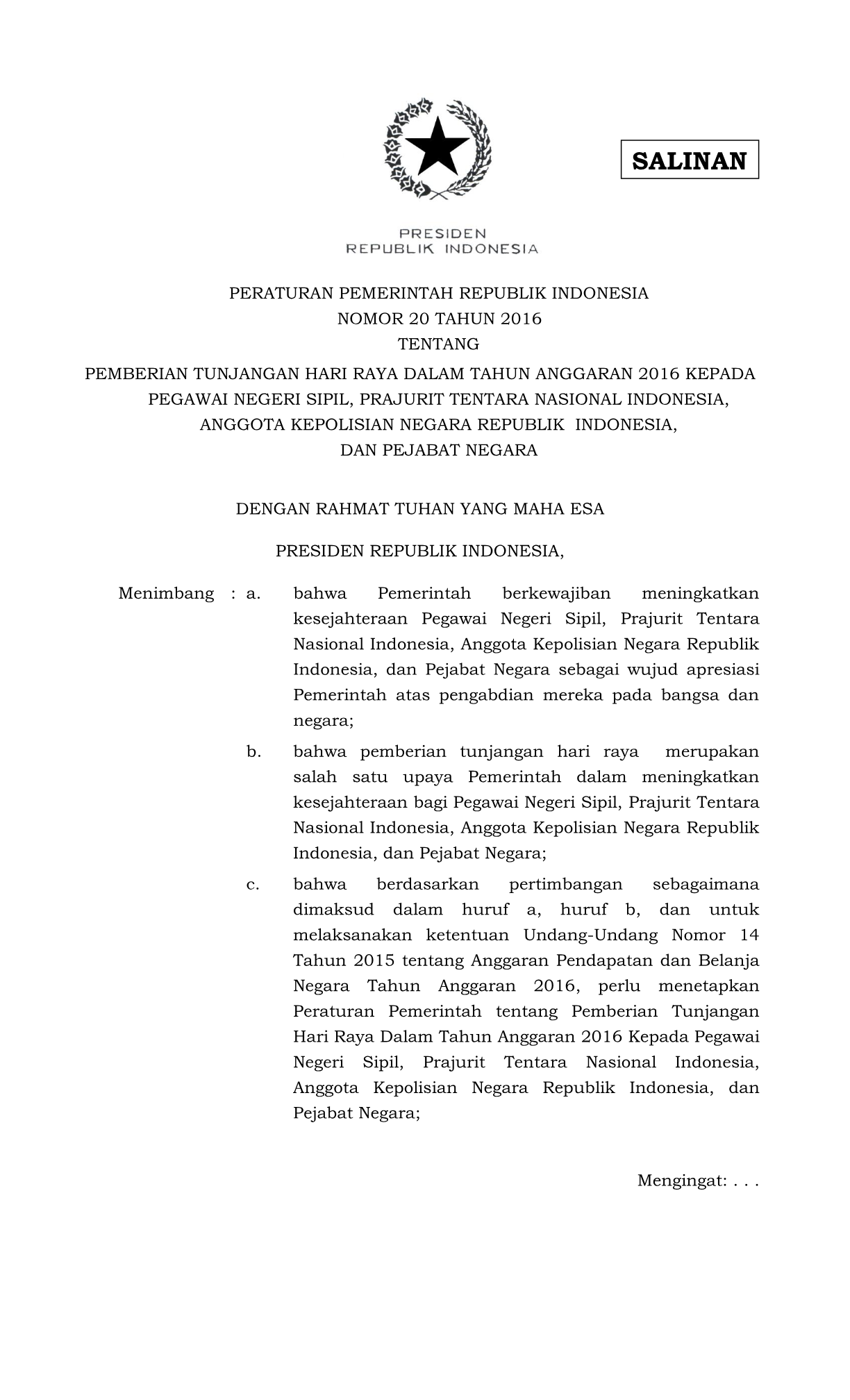 Peraturan Pemerintah Nomor 20 Tahun 2016