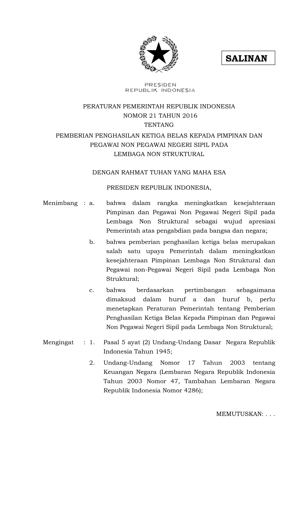 Peraturan Pemerintah Nomor 21 Tahun 2016