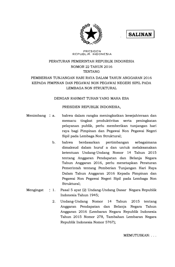 Peraturan Pemerintah Nomor 22 Tahun 2016