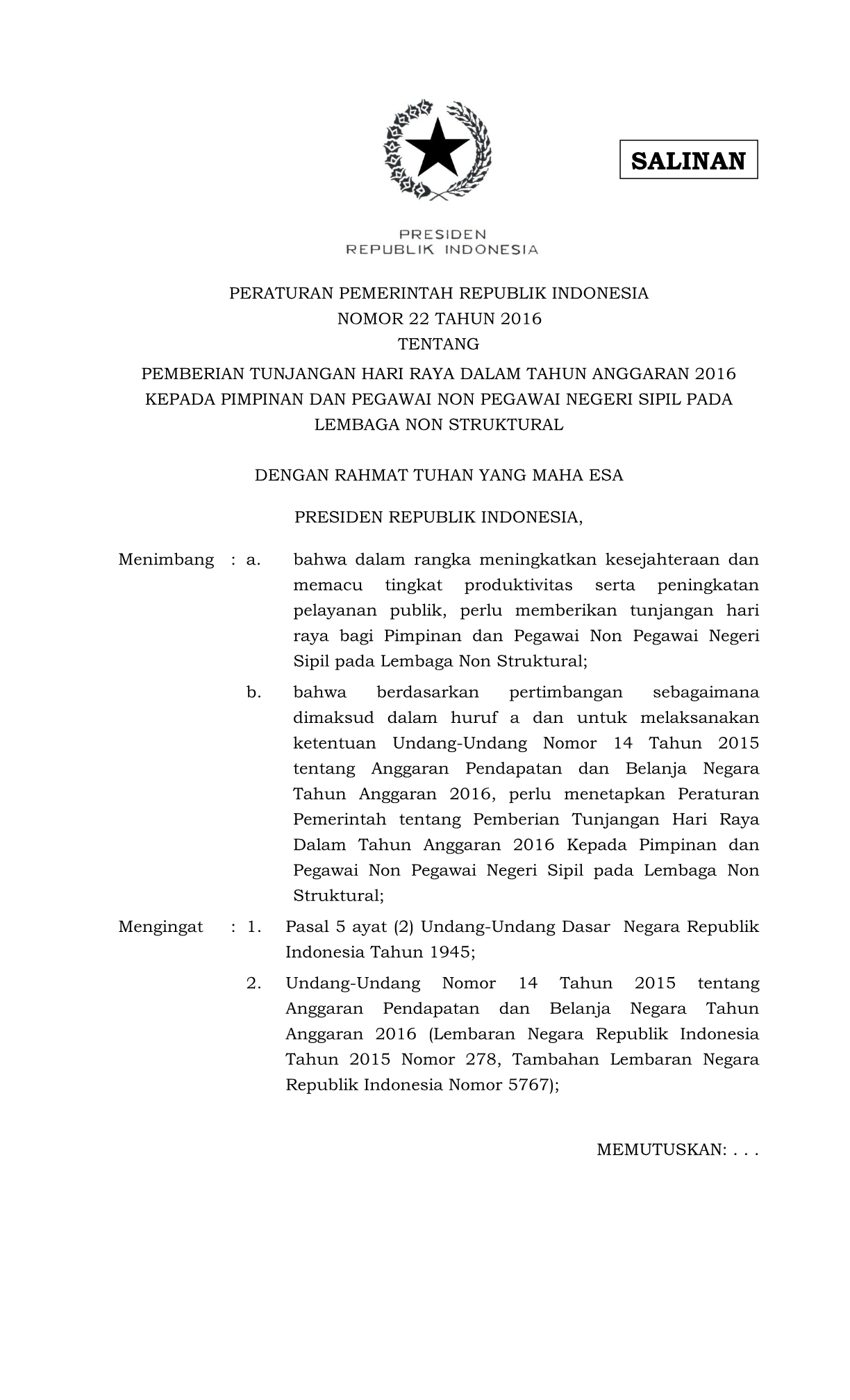 Peraturan Pemerintah Nomor 22 Tahun 2016
