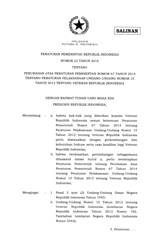 Peraturan Pemerintah Nomor 23 Tahun 2016