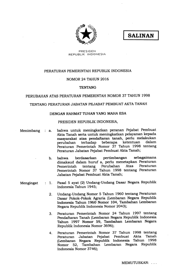 Peraturan Pemerintah Nomor 24 Tahun 2016