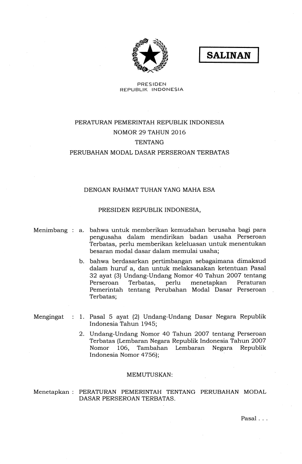 Peraturan Pemerintah Nomor 29 Tahun 2016