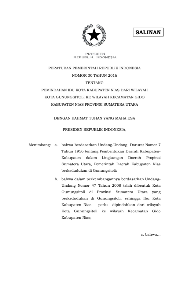 Peraturan Pemerintah Nomor 30 Tahun 2016