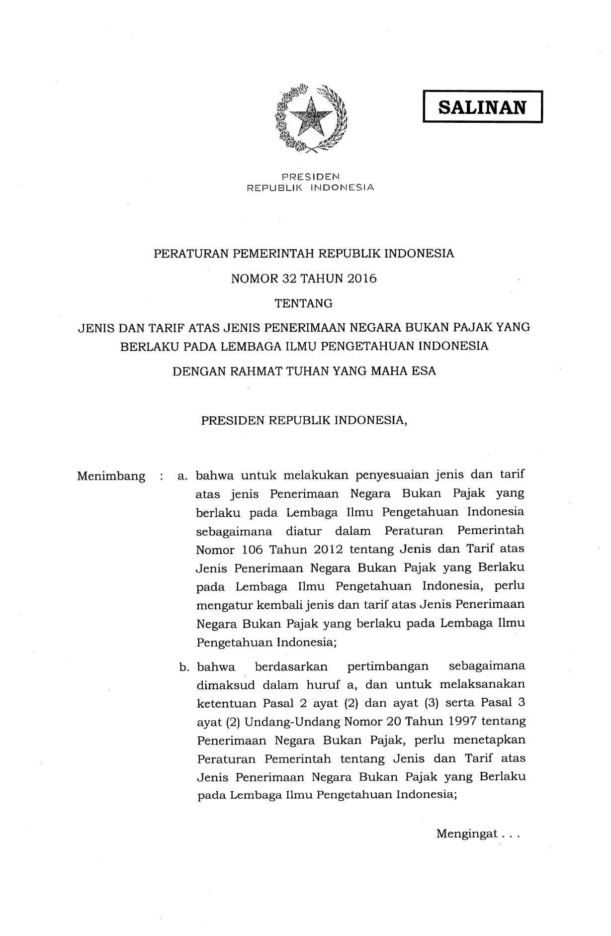 Peraturan Pemerintah Nomor 32 Tahun 2016