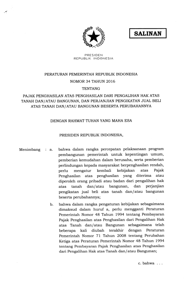 Peraturan Pemerintah Nomor 34 Tahun 2016