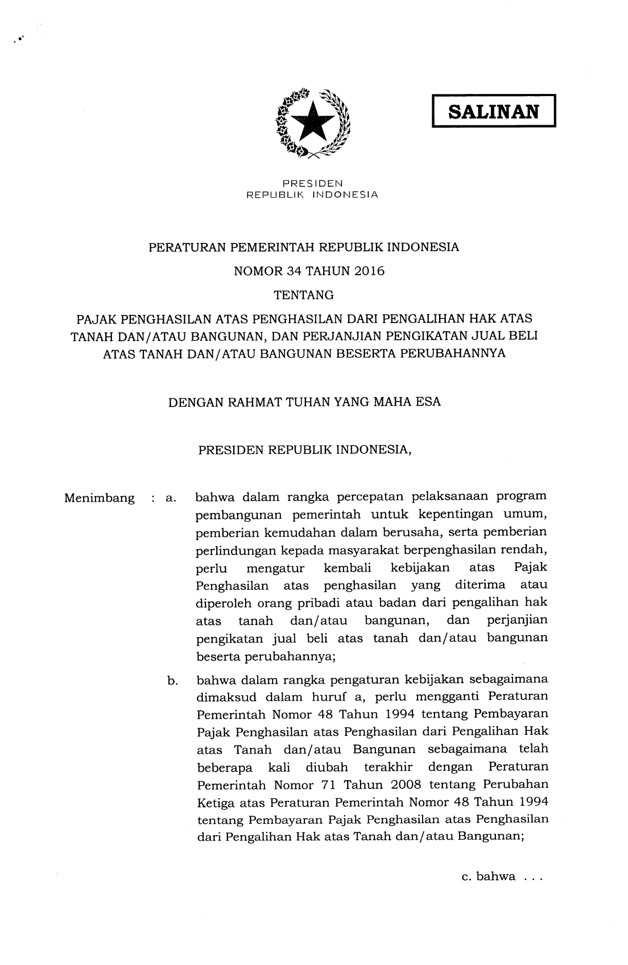 Peraturan Pemerintah Nomor 34 Tahun 2016