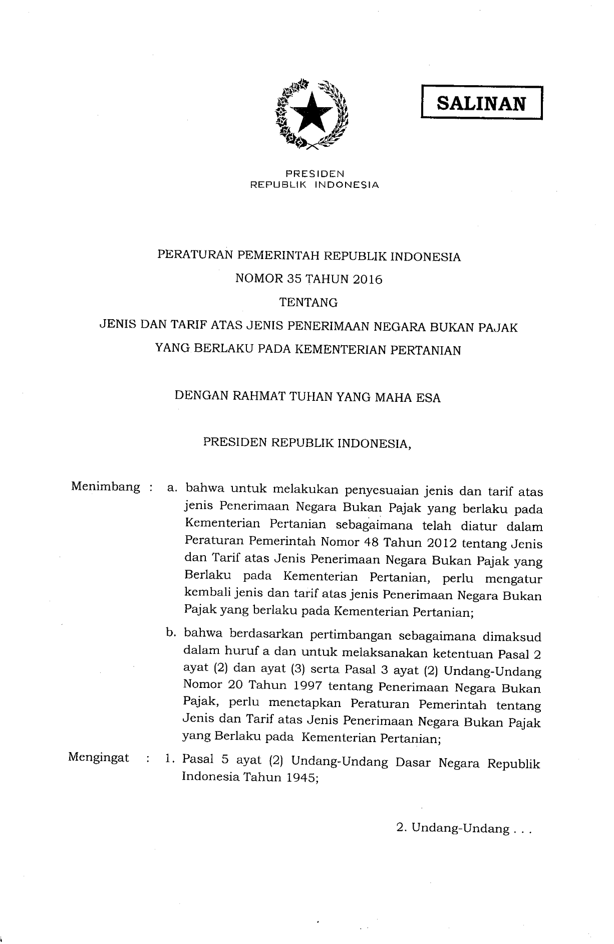 Peraturan Pemerintah Nomor 35 Tahun 2016