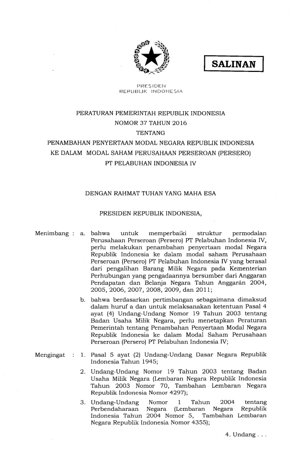 Peraturan Pemerintah Nomor 37 Tahun 2016