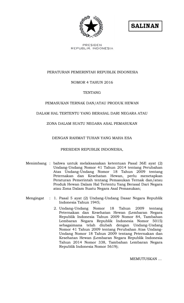 Peraturan Pemerintah Nomor 4 Tahun 2016