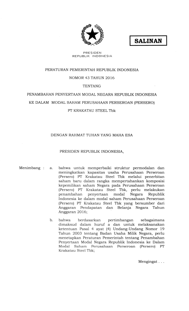 Peraturan Pemerintah Nomor 43 Tahun 2016