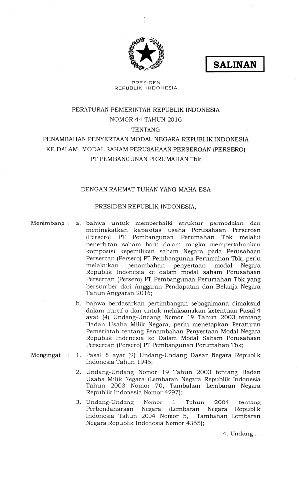 Peraturan Pemerintah Nomor 44 Tahun 2016