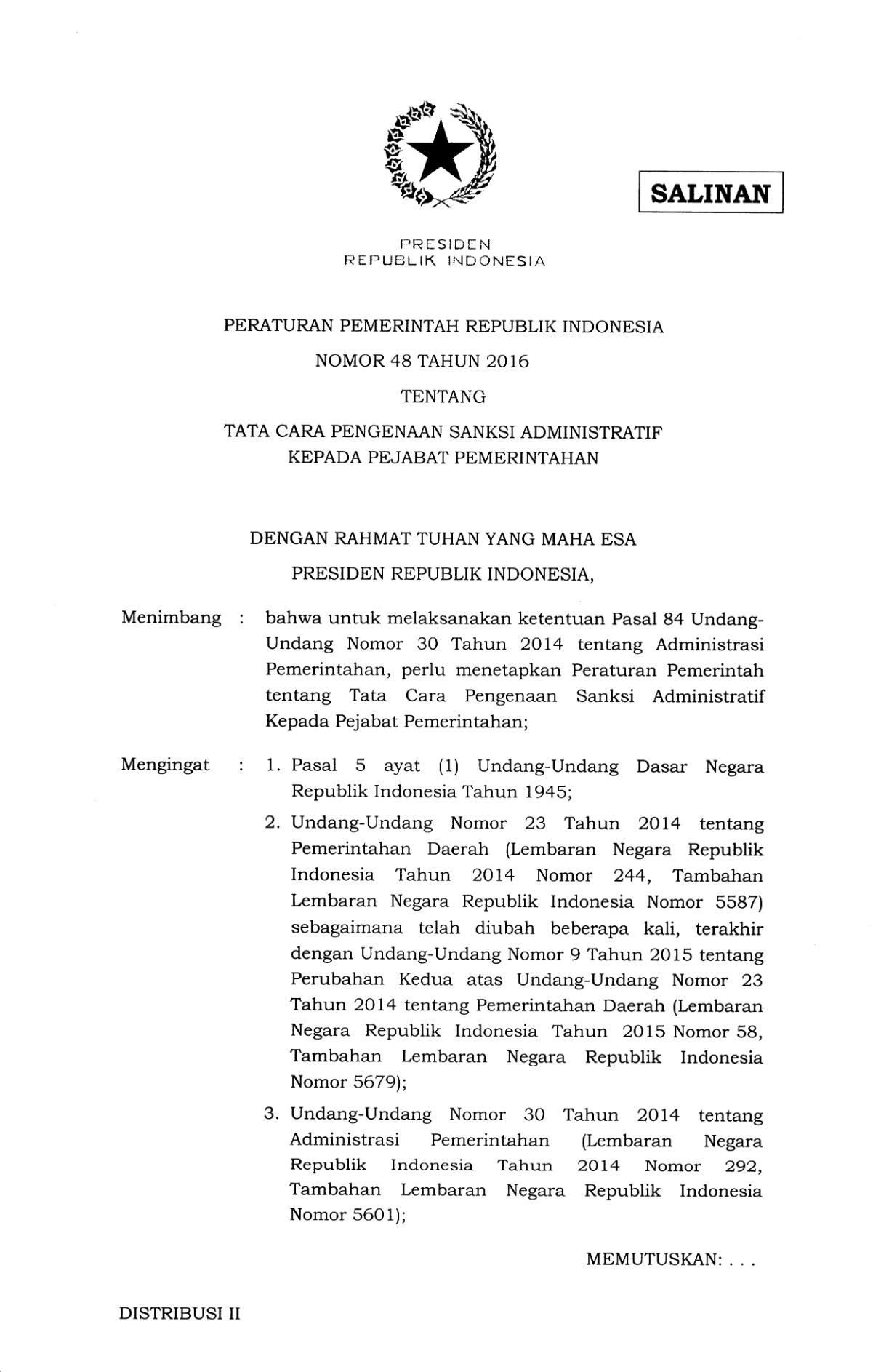 Peraturan Pemerintah Nomor 48 Tahun 2016