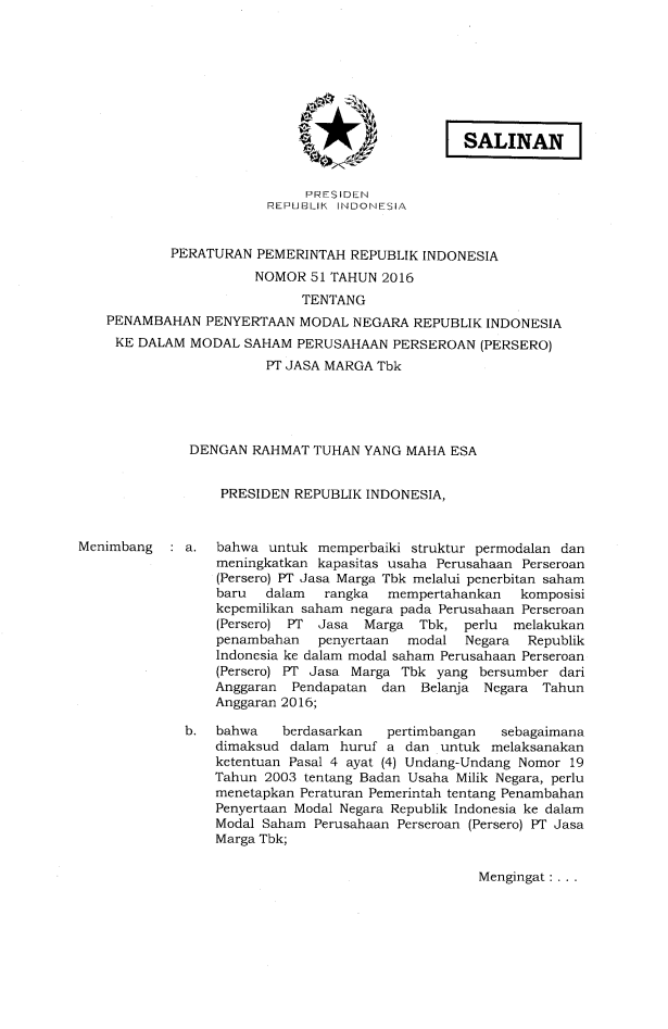 Peraturan Pemerintah Nomor 51 Tahun 2016