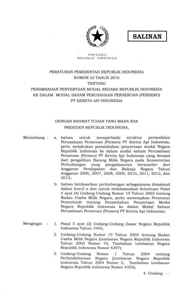 Peraturan Pemerintah Nomor 52 Tahun 2016