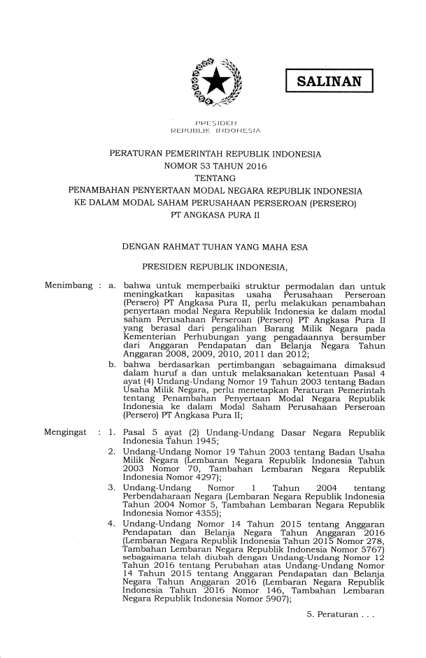 Peraturan Pemerintah Nomor 53 Tahun 2016