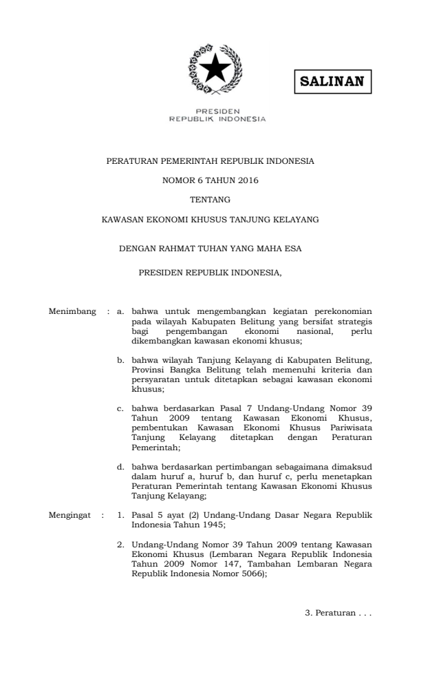 Peraturan Pemerintah Nomor 6 Tahun 2016