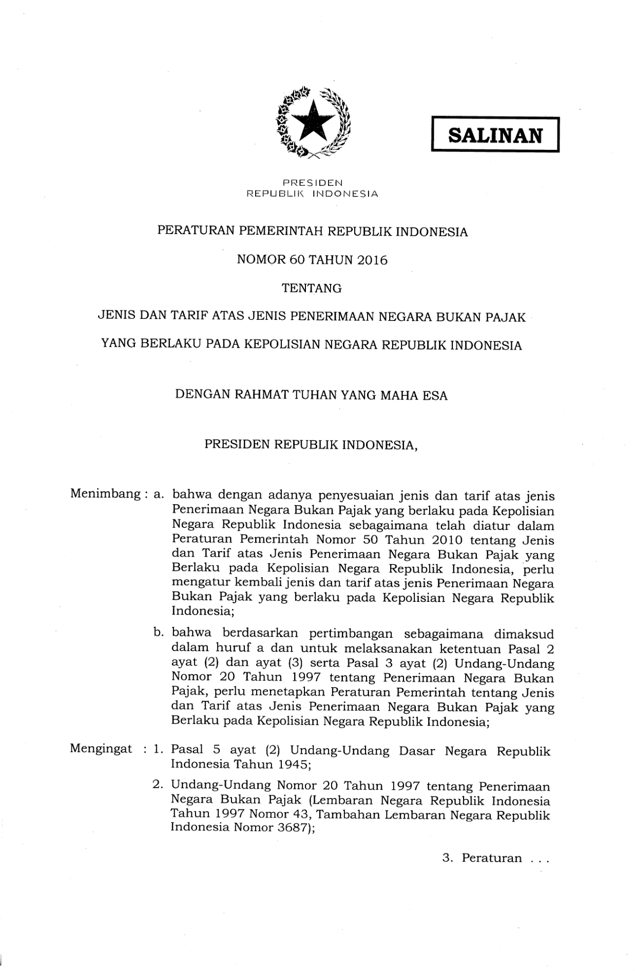 Peraturan Pemerintah Nomor 60 Tahun 2016