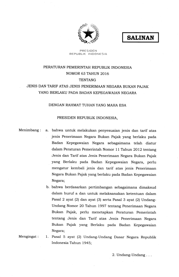 Peraturan Pemerintah Nomor 63 Tahun 2016