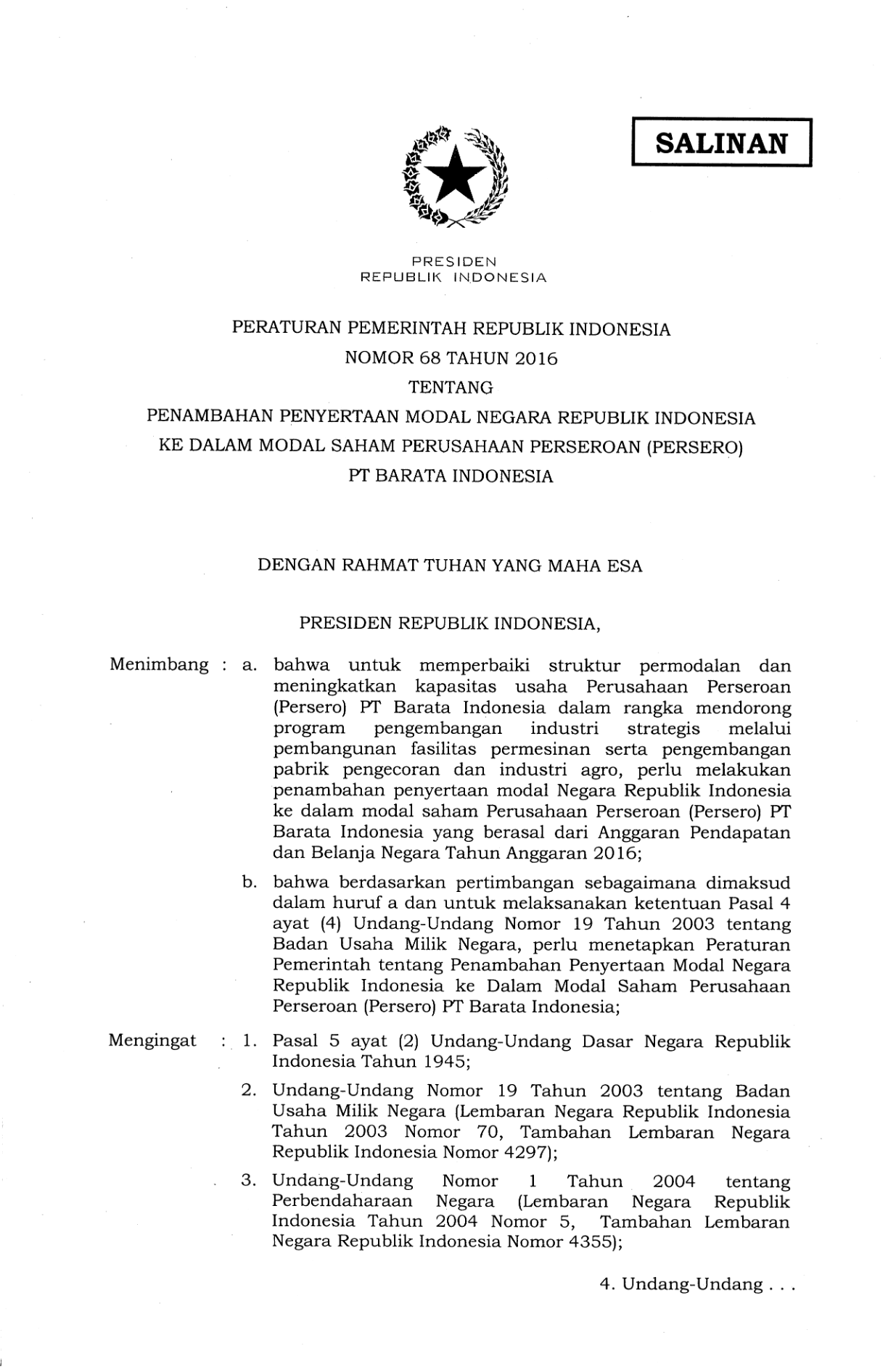 Peraturan Pemerintah Nomor 68 Tahun 2016