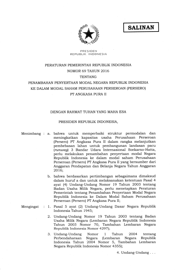 Peraturan Pemerintah Nomor 69 Tahun 2016