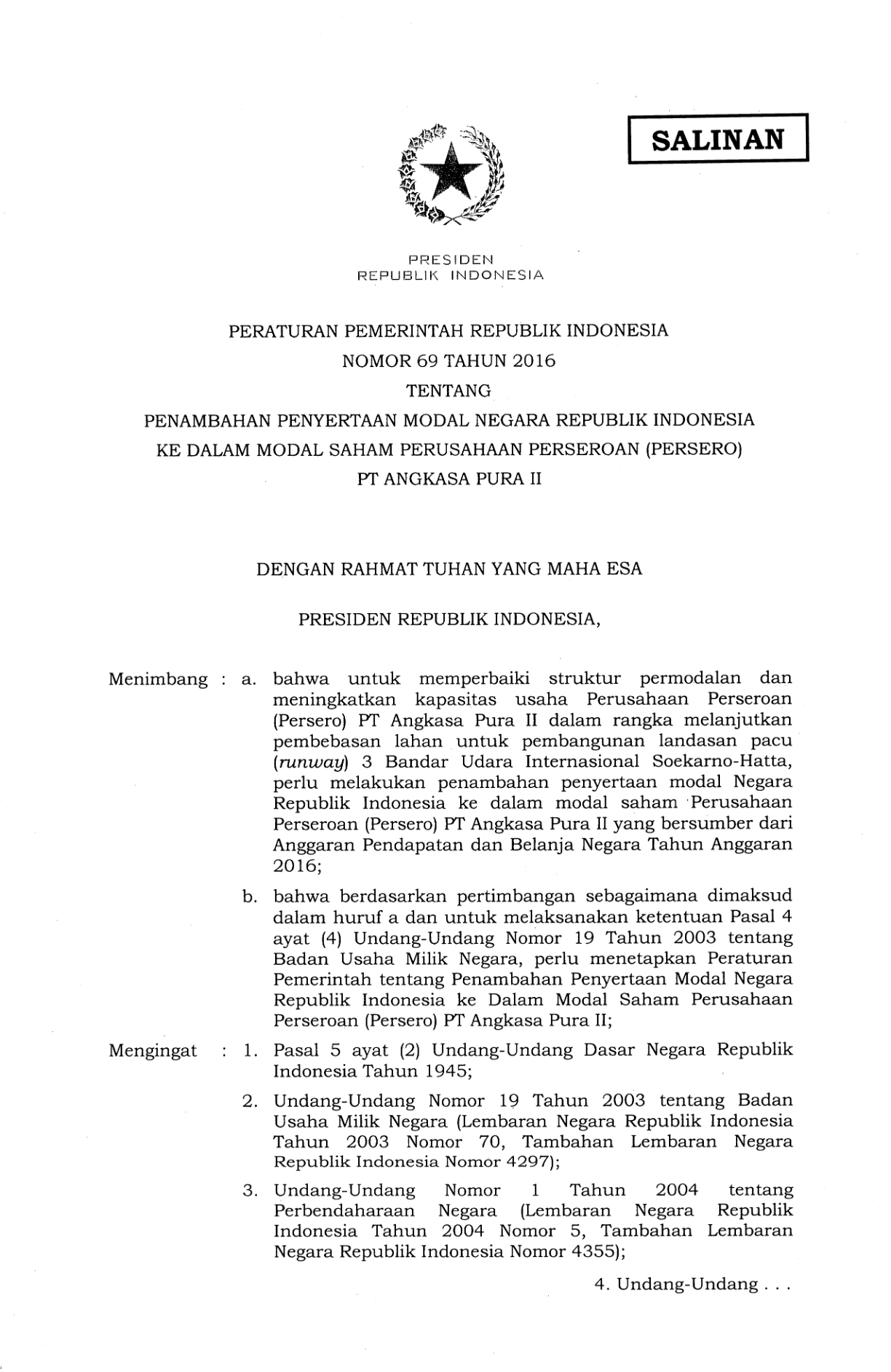 Peraturan Pemerintah Nomor 69 Tahun 2016