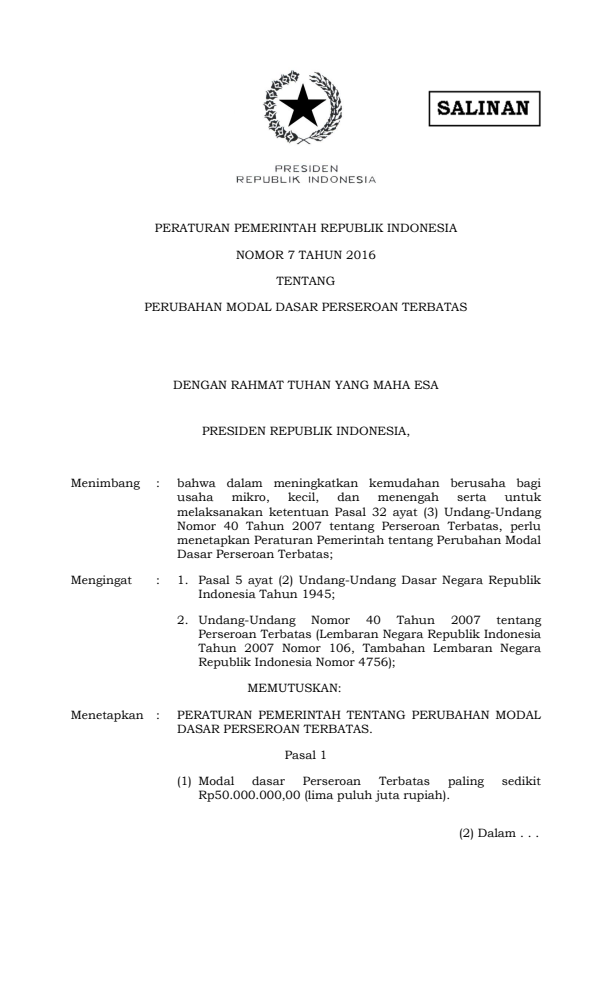 Peraturan Pemerintah Nomor 7 Tahun 2016