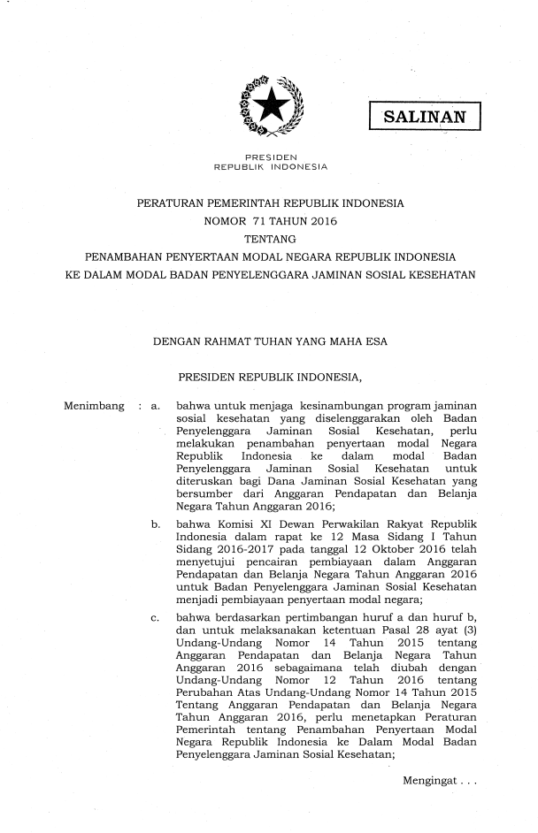 Peraturan Pemerintah Nomor 71 Tahun 2016