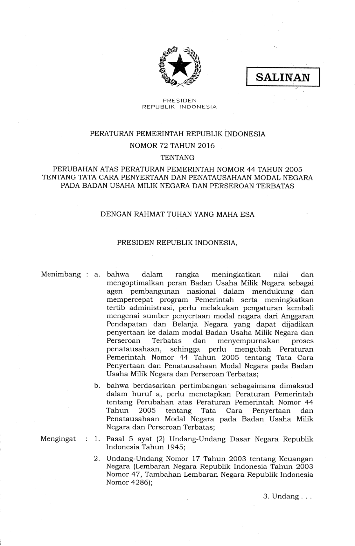 Peraturan Pemerintah Nomor 72 Tahun 2016