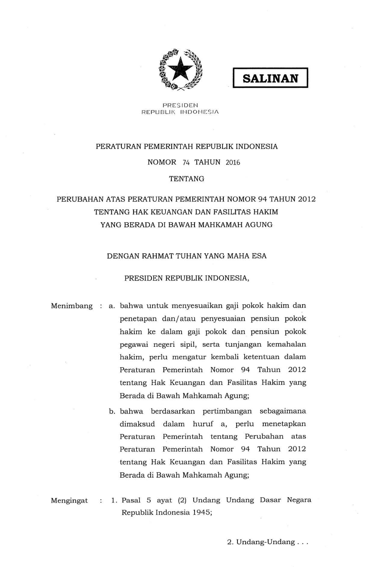 Peraturan Pemerintah Nomor 74 Tahun 2016