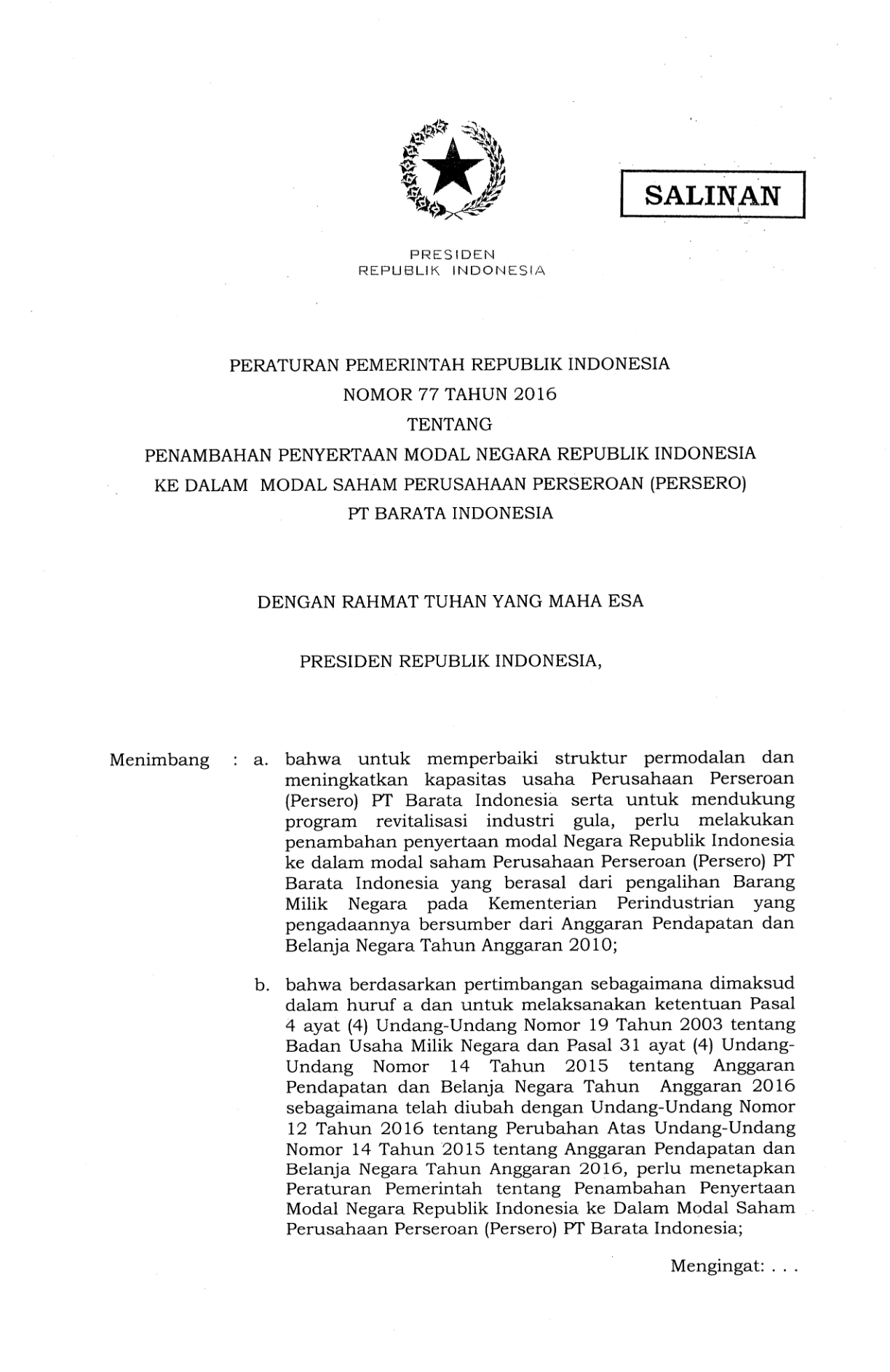 Peraturan Pemerintah Nomor 77 Tahun 2016