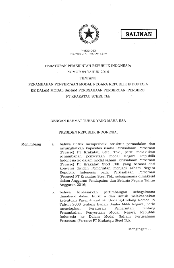 Peraturan Pemerintah Nomor 84 Tahun 2016