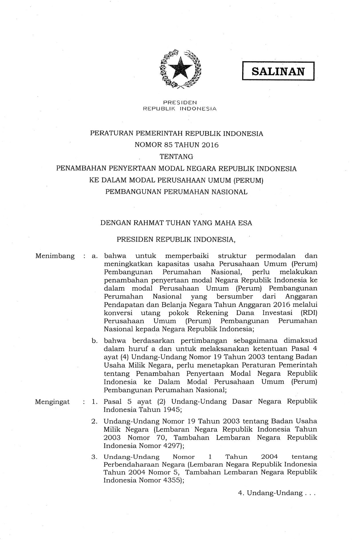 Peraturan Pemerintah Nomor 85 Tahun 2016