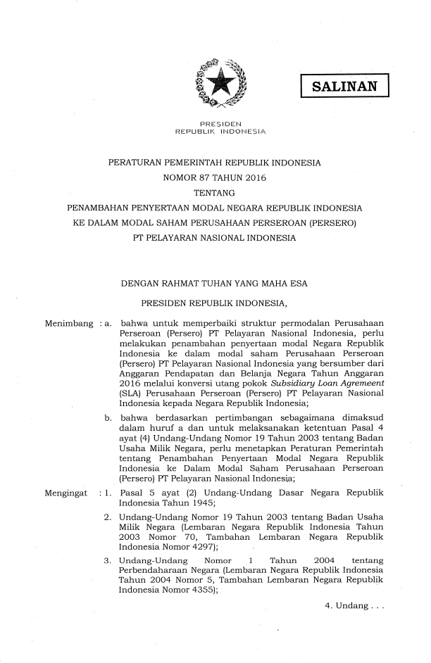 Peraturan Pemerintah Nomor 87 Tahun 2016