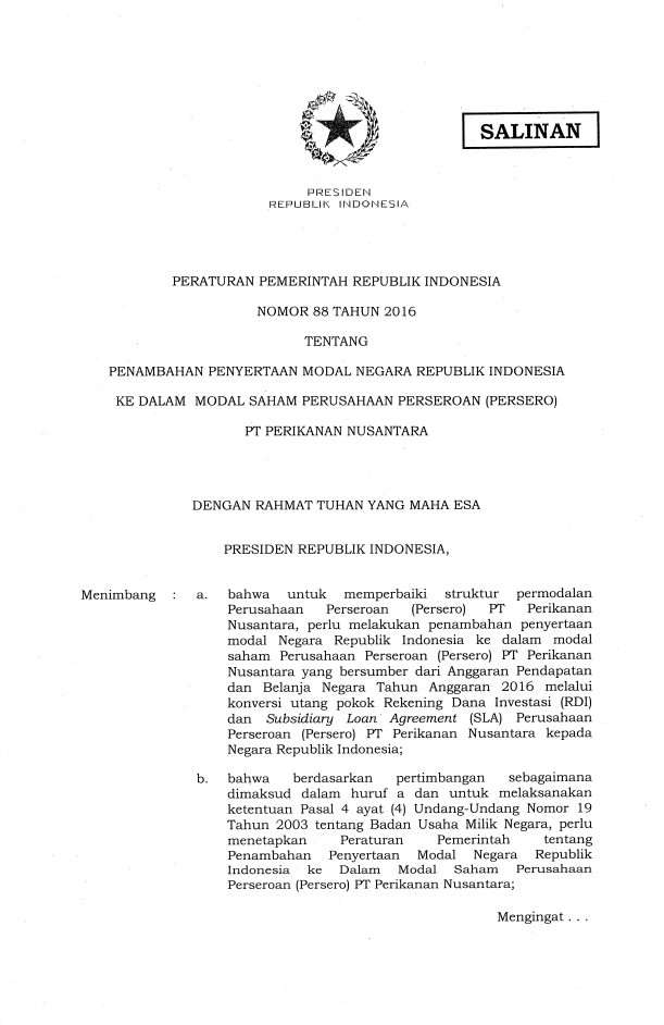 Peraturan Pemerintah Nomor 88 Tahun 2016