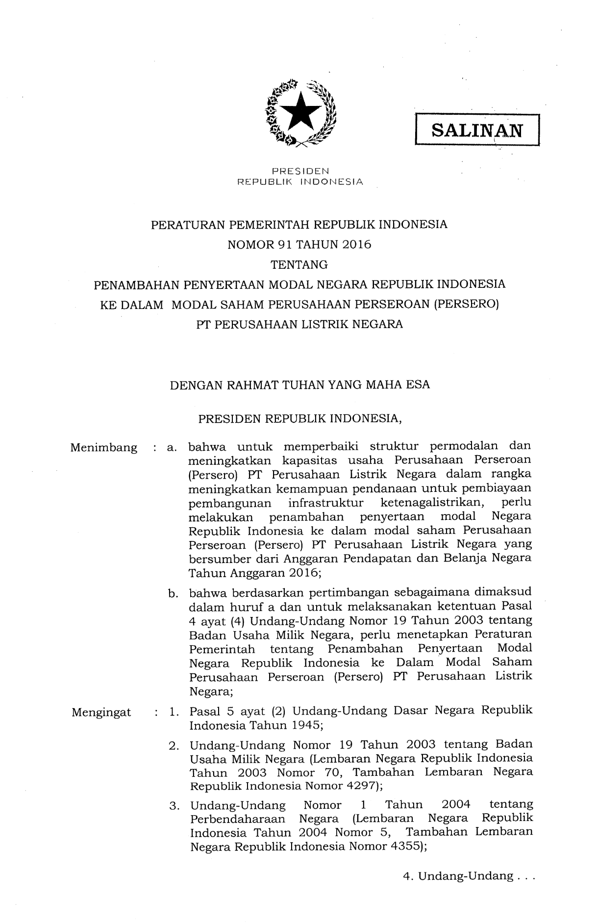 Peraturan Pemerintah Nomor 91 Tahun 2016