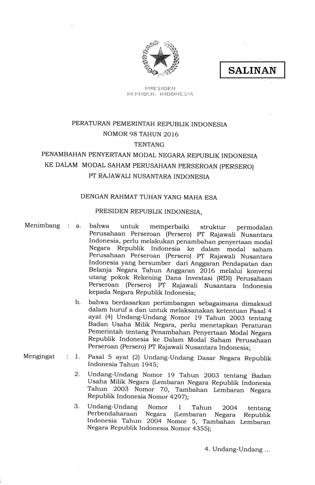 Peraturan Pemerintah Nomor 98 Tahun 2016