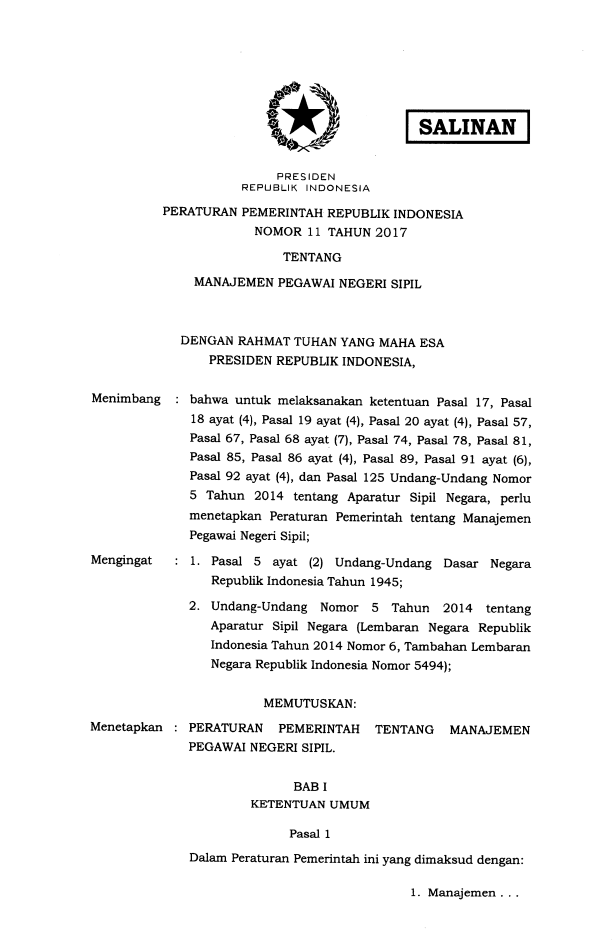 Peraturan Pemerintah Nomor 11 Tahun 2017