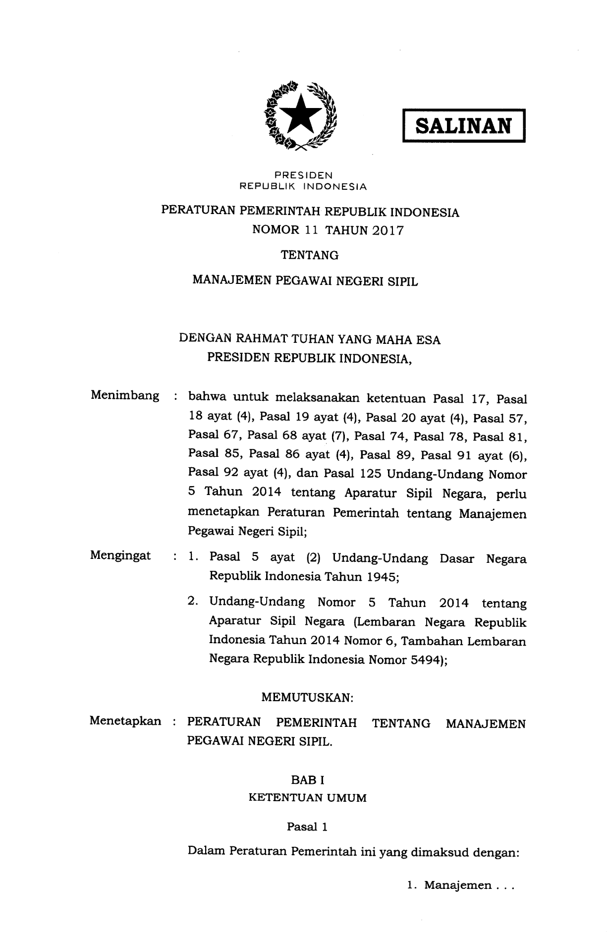 Peraturan Pemerintah Nomor 11 Tahun 2017