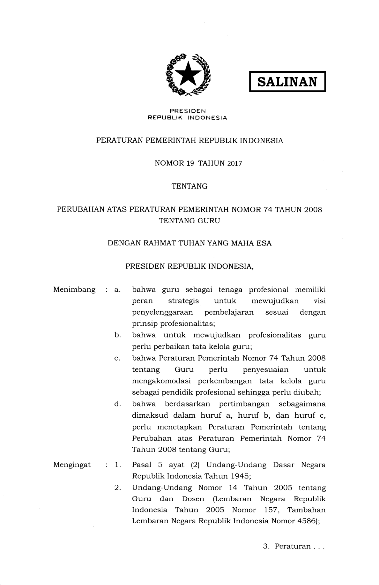 Peraturan Pemerintah Nomor 19 Tahun 2017